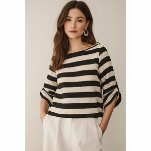 Zara 100% Linen Crispy Striped Top Blouse Women M Roll Tab Kimono Sleeves NWOT